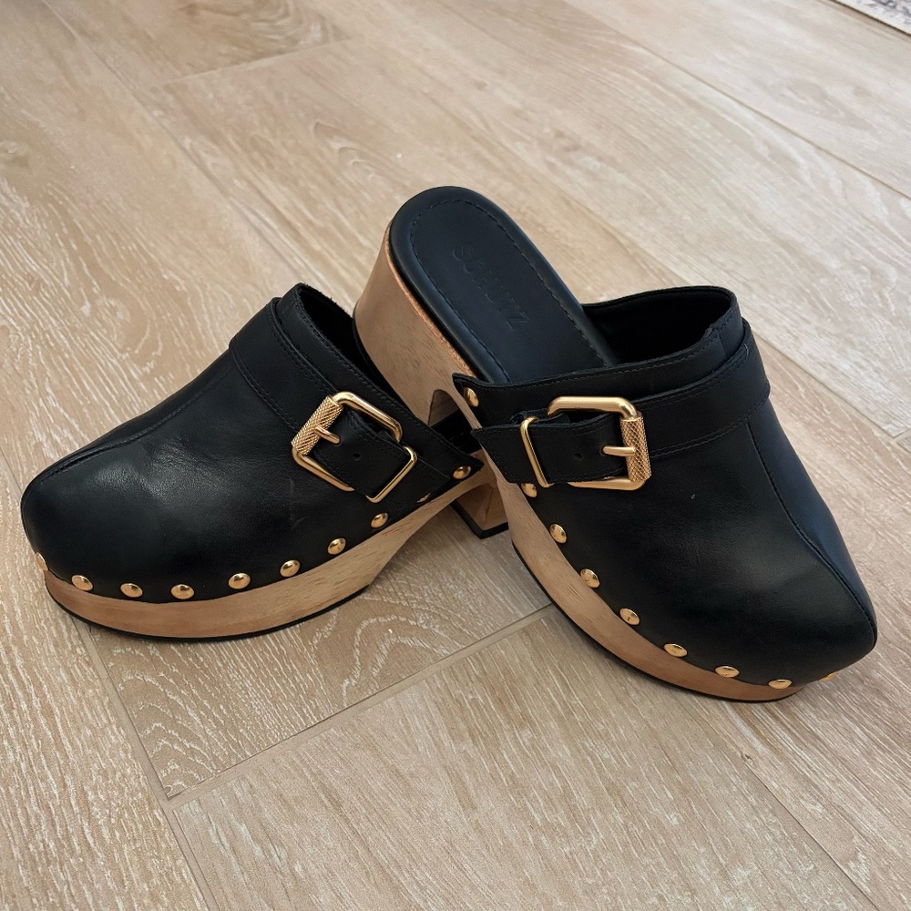 Schutz Leather Black Clog with Gold Buckle & Studs Size 8
